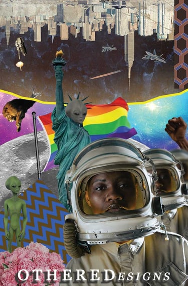 Surreal collage with aliens, astronauts, rainbow flag, NYC skyline, and the Statue of Liberty.