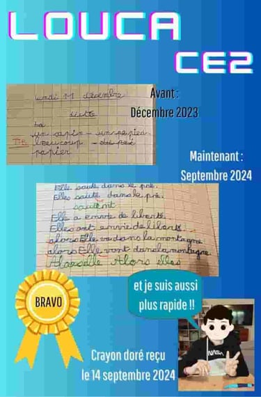 Voici le diplôme donné à Louca à la fin de sa rééducation de graphopédagogie.