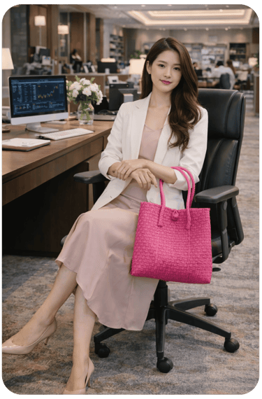 Pink handwoven recycled plastic tote bag by Craftvitas, handmade eco friendly women office fashion bag