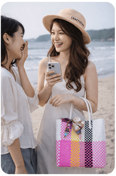 Colorful handmade recycled plastic beach tote bag by Craftvitas woven eco friendly fashion bag