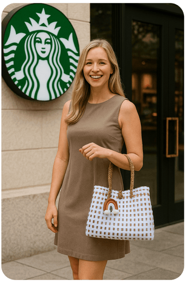 Handmade white handwoven bag worn by a woman in a modern urban setting