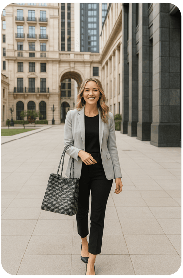 Professional woman carrying a black handmade handwoven tote bag for work