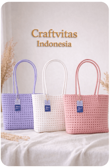 Pastel handwoven plastic tote bags in purple, white, and pink by Craftvitas Indonesia