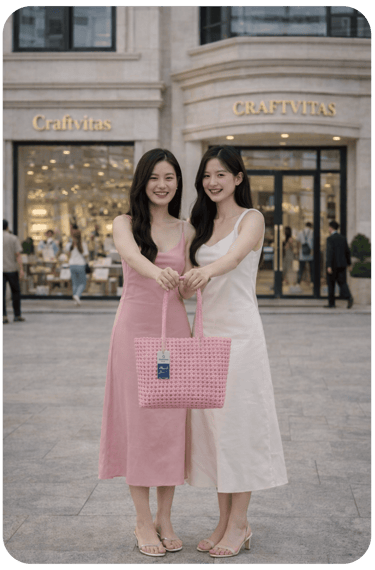 Handmade pink woven plastic tote bag by Craftvitas Indonesia worn by two women, eco friendly fashion bag