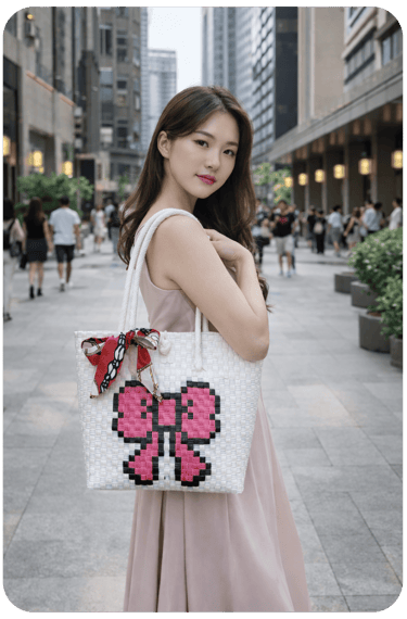 White handmade woven plastic tote bag with bow motif from recycled material by Craftvitas