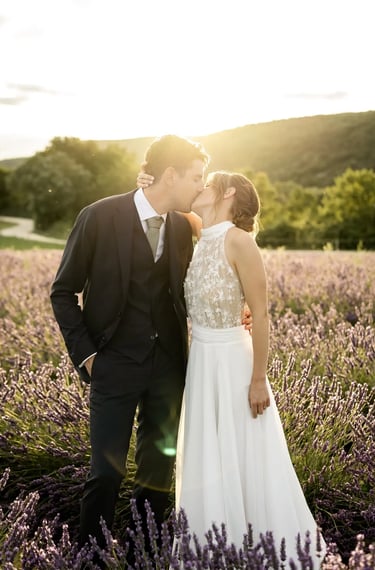 Post-wedding photo session in Provence — bride and groom at sunset