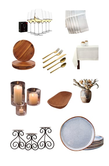 Rustic Thanksgiving table with crystal glassware, linen napkins, wooden chargers, vase, and candles