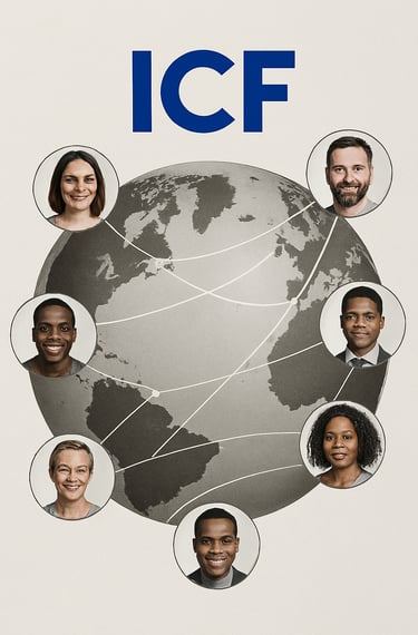 A globe with coaches connected worldwide under the ICF banner.