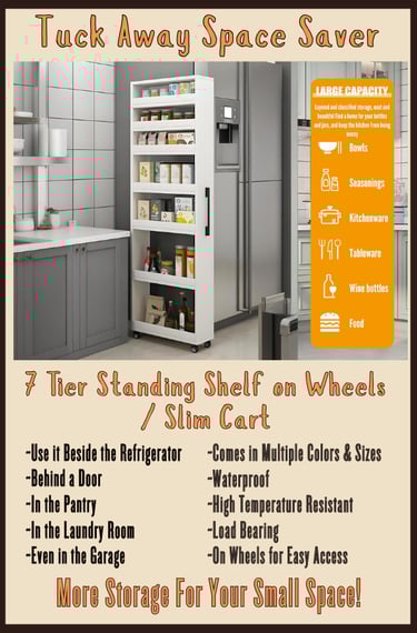 7 Tier Standing Shelf on Wheels Slim Cart Storage