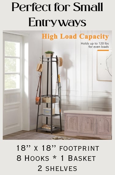 Hall Tree for Small Spaces 8 Hooks and Shelves