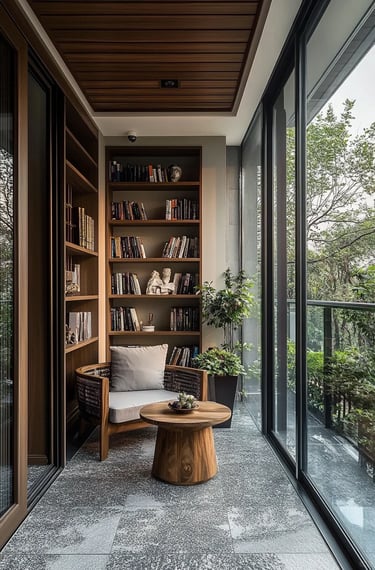 Simple balcony reading corner with one comfortable chair, a small side table, potted plant, and warm