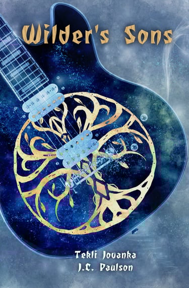 illustration of blue guitar with gold stylized tree symbol. Text "Wilder's Sons."
