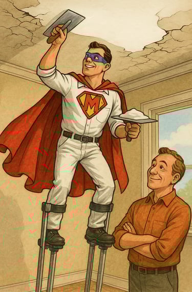 mrwalls cartoon character on stilts plastering ceiling with homeowner watching