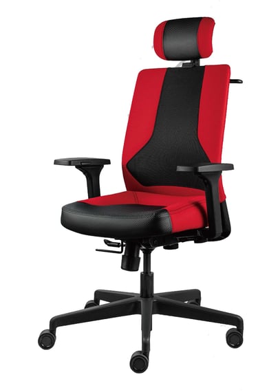 Red and black performance chair with headrest, angled front view on casters
