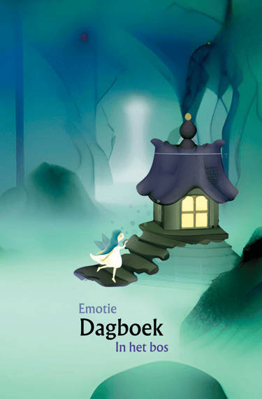 Voorkant Emotiedagboek In het bos met een abstract bos en een elfje dat naar een huisje loopt