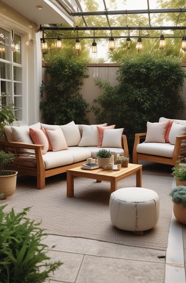 A well-decorated showroom with modern outdoor furniture including wicker chairs and tables, a sofa with cushions, and a carpeted floor. There's a mix of neutral and blue colors in the furnishings, along with decorative bird cages and potted plants. The large windows with white curtains allow plenty of natural light to brighten the space.
