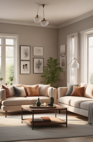 A spacious, well-lit showroom filled with a variety of modern and classic furniture pieces. There are several sofas, armchairs, coffee tables, and dining tables arranged in a cozy and inviting manner. The decor includes vases, cushions, and artistic pieces, and the color scheme is neutral with pops of color from accessories. Large windows in the background provide ample natural light.