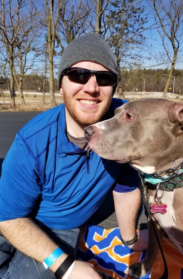 dog walker out with a dog in chicago