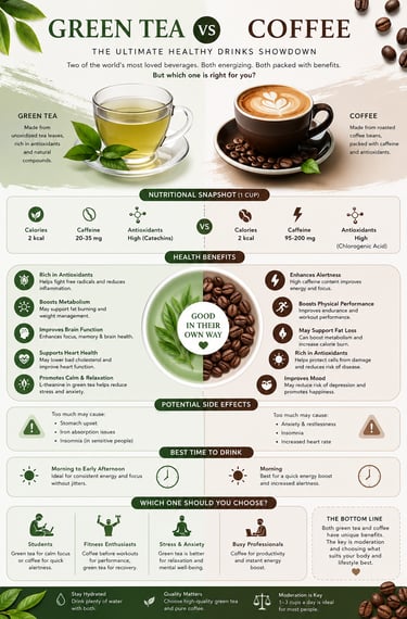 Comparison infographic of green tea vs coffee showing health benefits, caffeine content, and side effects.
