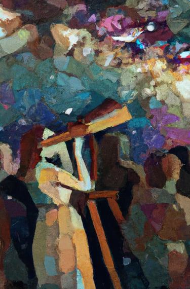 a painting of a woman holding a telescope