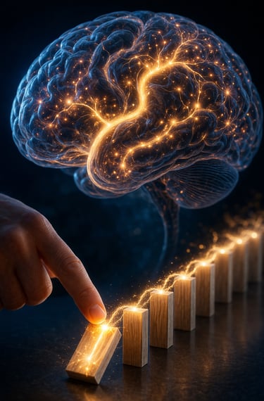 Domino cayendo conectado a un cerebro iluminado representando la formación de hábitos y nuevas conex