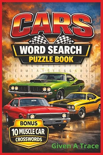 Cars Word Search Puzzle Book cover with bonus muscle car crosswords, fun facts, car-themed puzzl