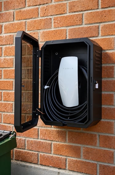 Tesla Wall Connector Level 2 EV charger installed inside a lockable weatherproof enclosure