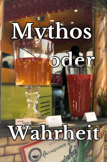 Titelbild "Mythos oder Wahrheit" im Hintergrund Große Bowle Gläser