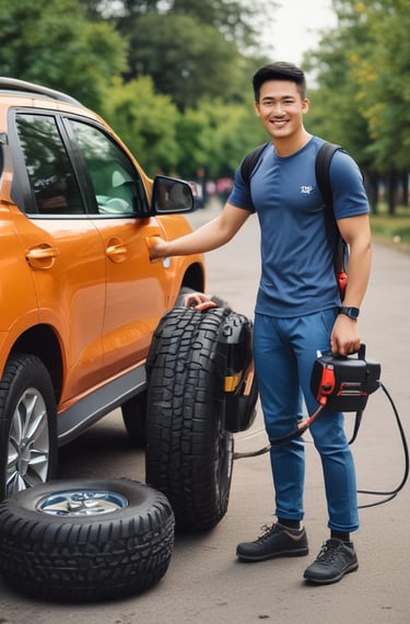 AfriJump tire inflator attached to a rugged SUV tire on a remote road.