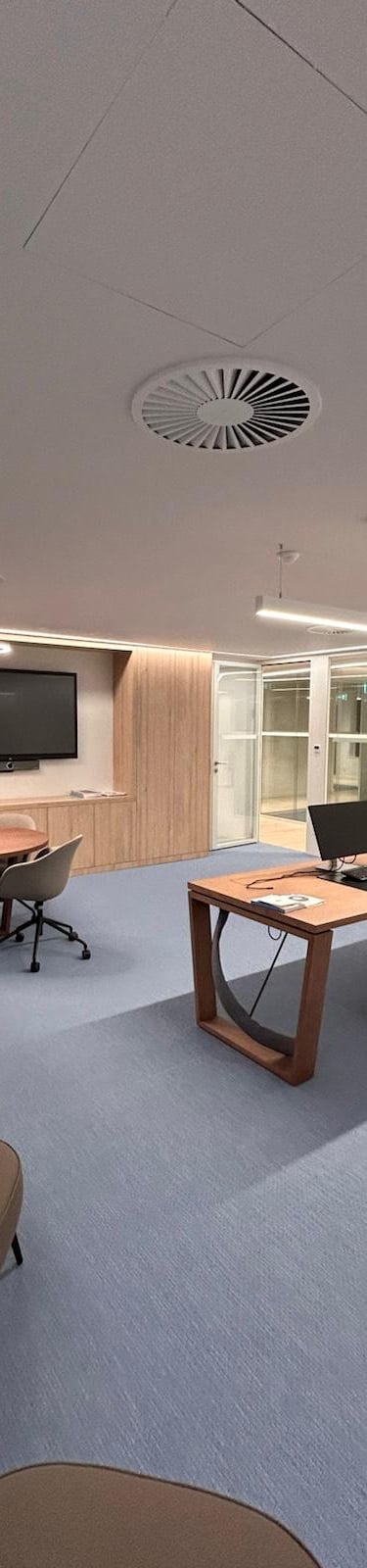 Modern corporate office interior with wooden desks, ergonomic chairs, blue carpet, and green plants.