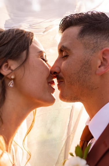a bride and groom kissing in front of a veil