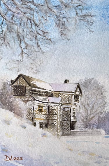 Watercolour snow scene of Mossley Hall