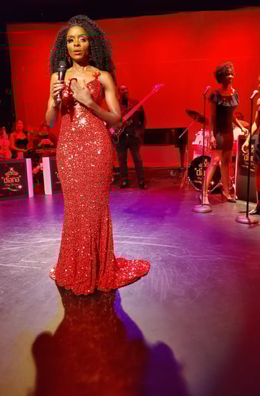 a woman in a red dress standing in front of a microphone