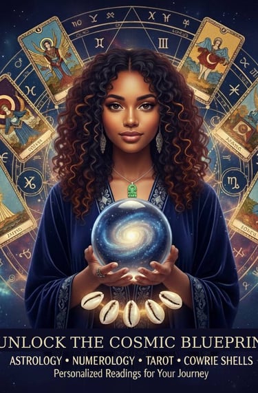 Spiritual woman holding a crystal ball surrounded by tarot cards and zodiac astrology symbols.