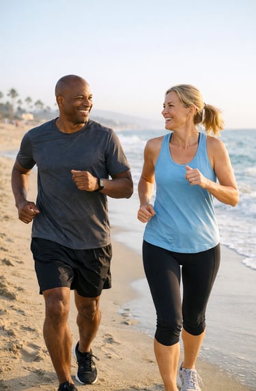 fitness over 40 jogging on a sandy beach at sunset for outdoor fitness.