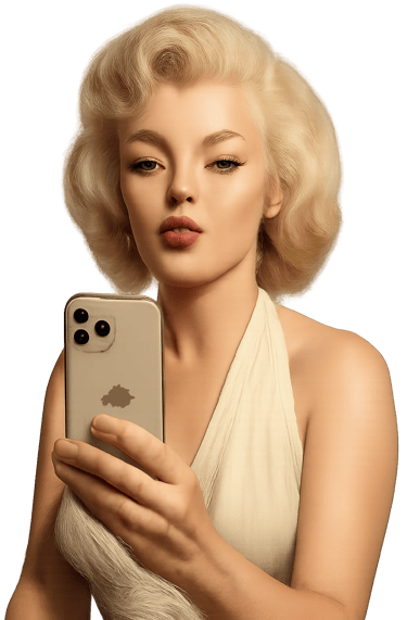 Blonde woman with vintage Marilyn Monroe style hair taking a mirror selfie on a smartphone.