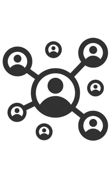 A gray social network icon showing a central user connected to multiple profile avatars on a black background.