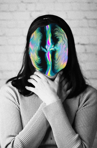 Black and white image of me with my hands on my neck. A colorful trippy image instead of my face.