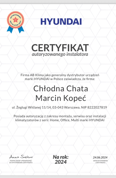Certyfikat upoważniający do montażu i serwisowania urządzeń klimatyzacyjnych firmy Hyundai