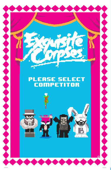 Pixel art character selection screen for Exquisite Corpses game featuring four unique pixelated competitors.