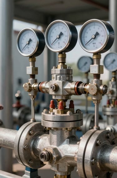 Industrial flow control facility, close-up of high-pressure steel valves and digital calibration meters, bright natural daylight, sharp technical focus.