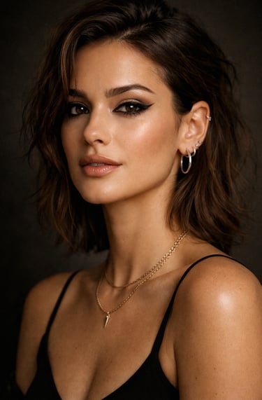 Woman with brunette wavy hair wearing winged eyeliner and gold jewelry in a portrait.