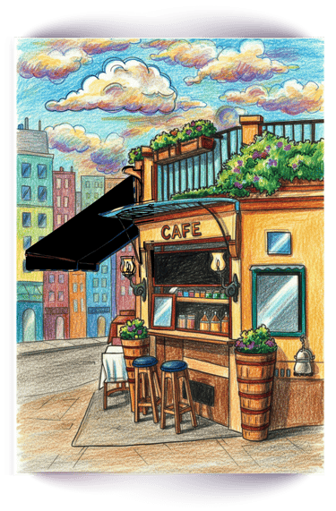 Colored pencil drawing of a cozy outdoor sidewalk cafe with bar stools and a rooftop garden.
