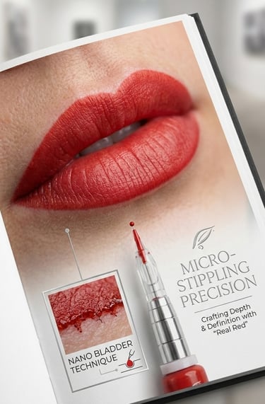 Permanent makeup micro-stippling technique for red lip blush using a precision tattoo needle.