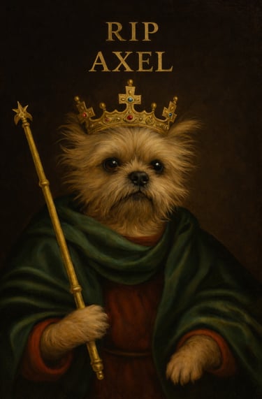 Royal oil painting portrait of a scruffy dog wearing a gold crown and holding a scepter.