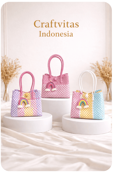 Tas anyaman plastik handmade dengan kombinasi warna menarik dari Craftvitas Indonesia untuk retail dan grosir