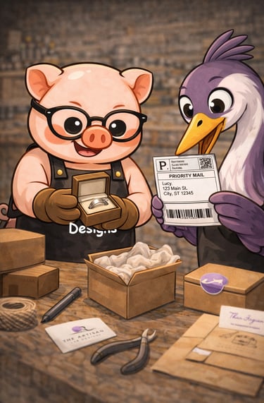 The Artisan Lab Designs mascot Milo and Lyra is preparing the package and ready to ship out