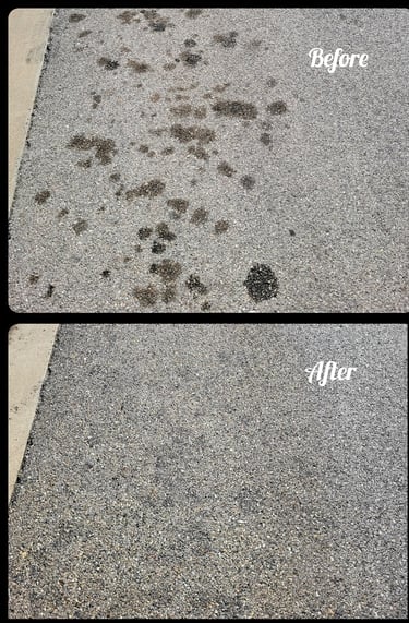Another picture of oil spots along curb before and after cleaned.