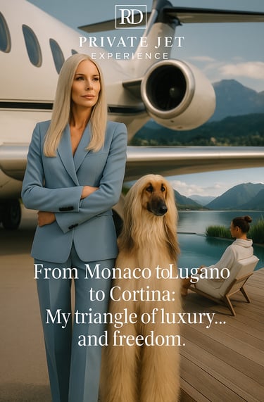 Businesswoman in tailleur azzurro accanto a jet privato e levriero afghano.