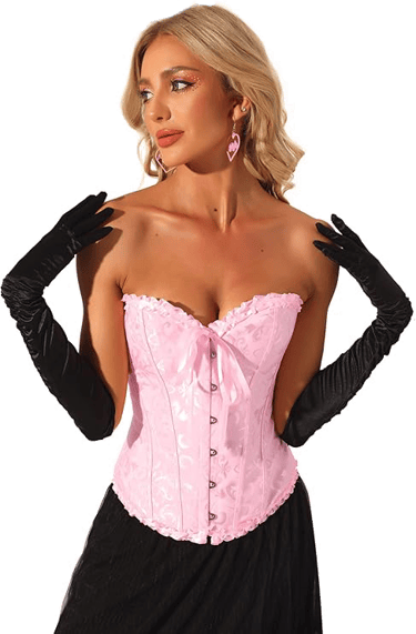 femme avec corset rose et gant noir